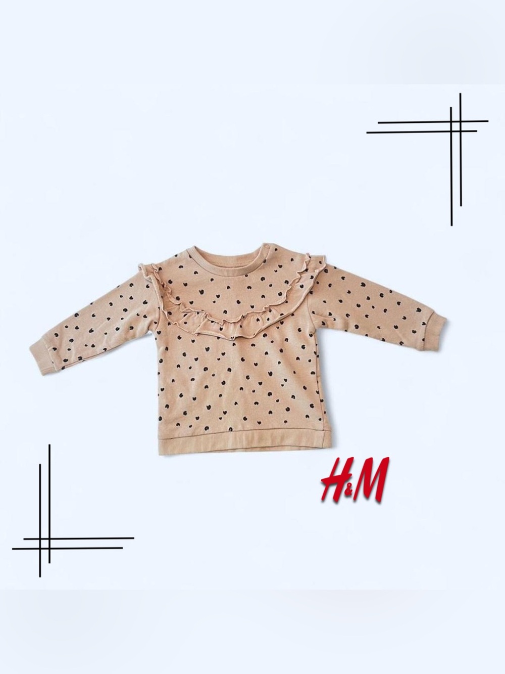 H&M Beige Pullover with Black Heart Print and Ruffle